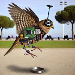 Cartoon illustration of a robotic bird with camera eyes and antenna, representing the "Birds Aren't Real" conspiracy theory discussed on The Absurdists podcast.